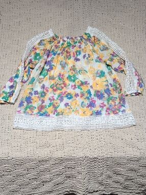 385 - Floral Crochet-Trim Boho Blouse - Yellow, Green, Purple